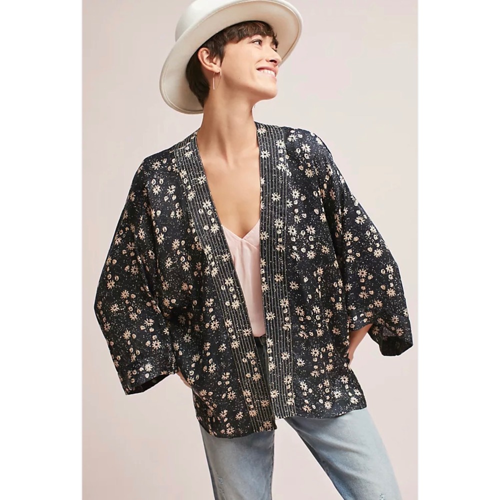 Erfurt‎ Denmark Floral Daisy Kimono Wrap Open Front Navy Blue Anthropologie